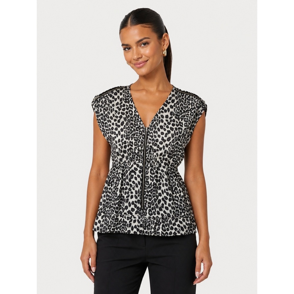 Walter 100% Silk Leopard Print Zipper Front‎ Peplum Blouse Top Cap Sleeve S